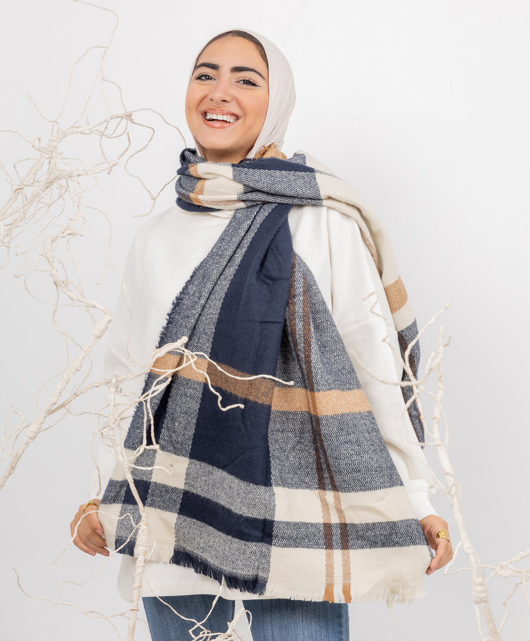 Navy Plaid Winter Shawl