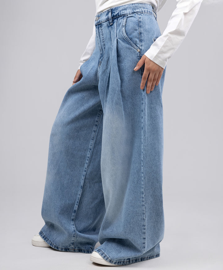 Pleated Wide Leg Denim Pants