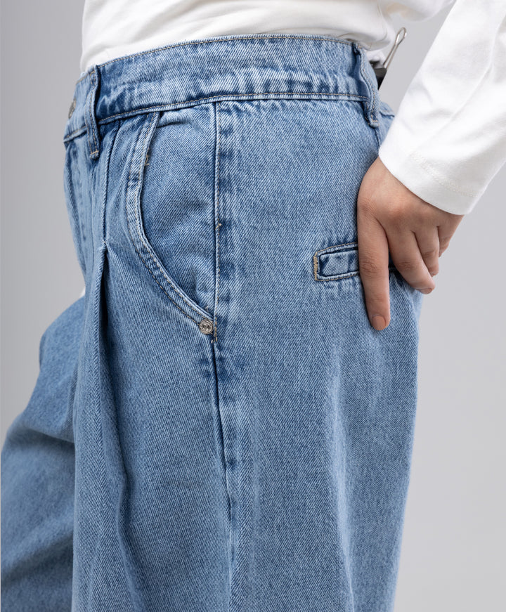 Pleated Wide Leg Denim Pants